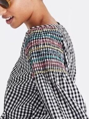 Madewell Black White Gingham Embroidered Smocked Cotton Blouse Size Medium